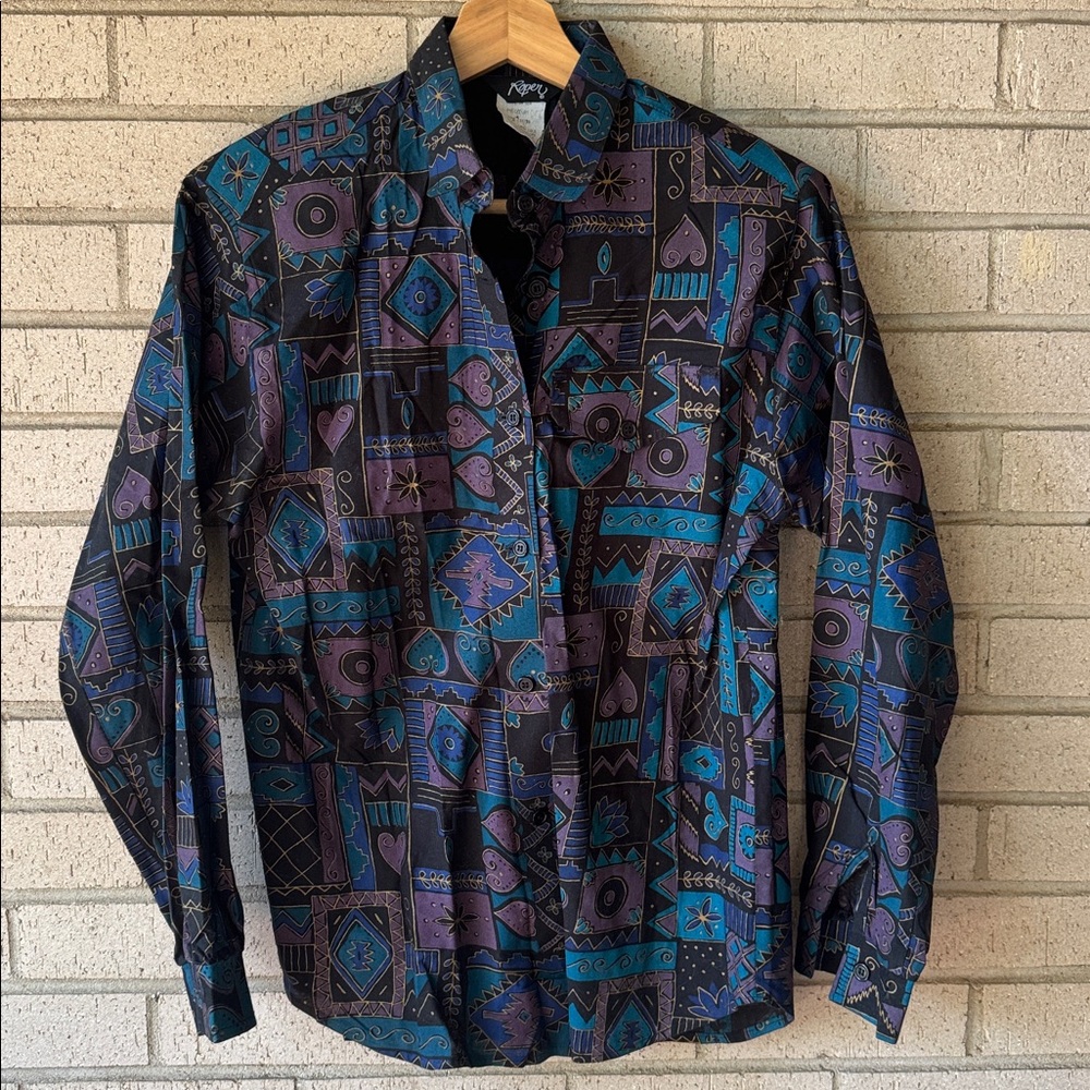 Vintage 90s Roper Western Shirt, Blue Gold Purple Geometric Western, Aztec Heart
